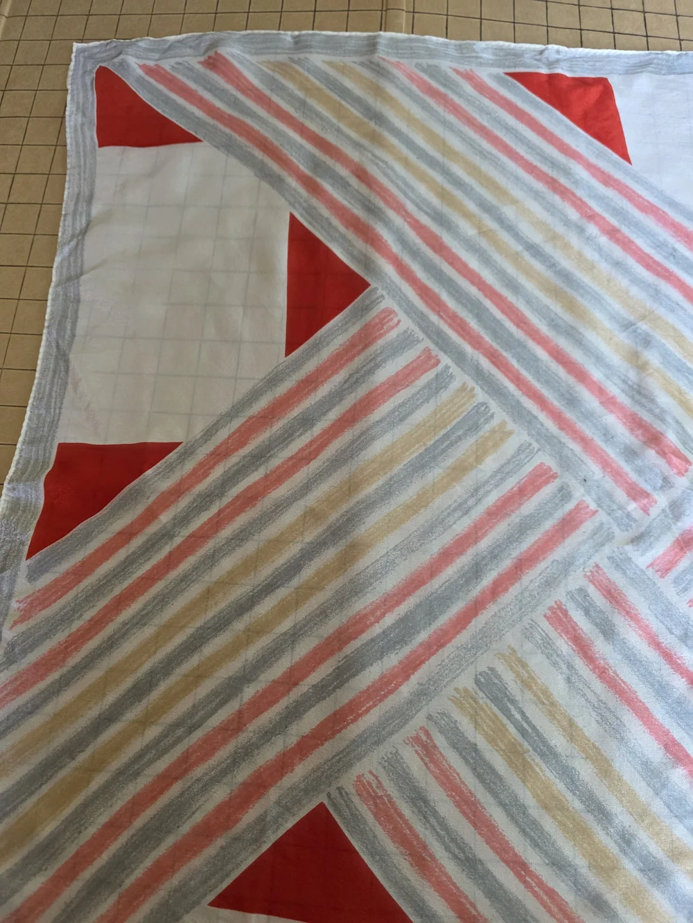 Vintage Vana Silk Scarf  Red Gray Beige Geometric Square Hand Rolled Hem Mod